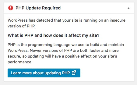 Aviso versión PHP antiguo en wordpress 5.1